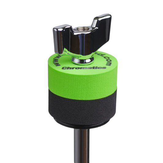 Green Cympad Chromatics cymbal washer installed on a cymbal stand with a wing nut, showing foam washer placement for improved cymbal control, sound, and protection.