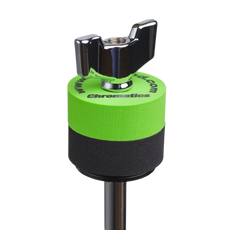Green Cympad Chromatics cymbal washer installed on a cymbal stand with a wing nut, showing foam washer placement for improved cymbal control, sound, and protection.