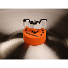 Cympad Chromatics Orange cymbal washer installed on a cymbal stand, providing colorful isolation and enhanced cymbal performance