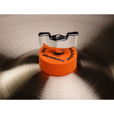Cympad Chromatics Orange cymbal washer installed on a cymbal stand, providing colorful isolation and enhanced cymbal performance