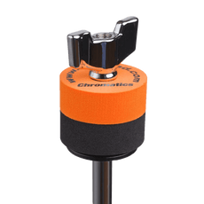 Orange Cympad Chromatics cymbal washer installed on a cymbal stand with a wing nut, showing foam washer placement for improved cymbal control, sound, and protection.