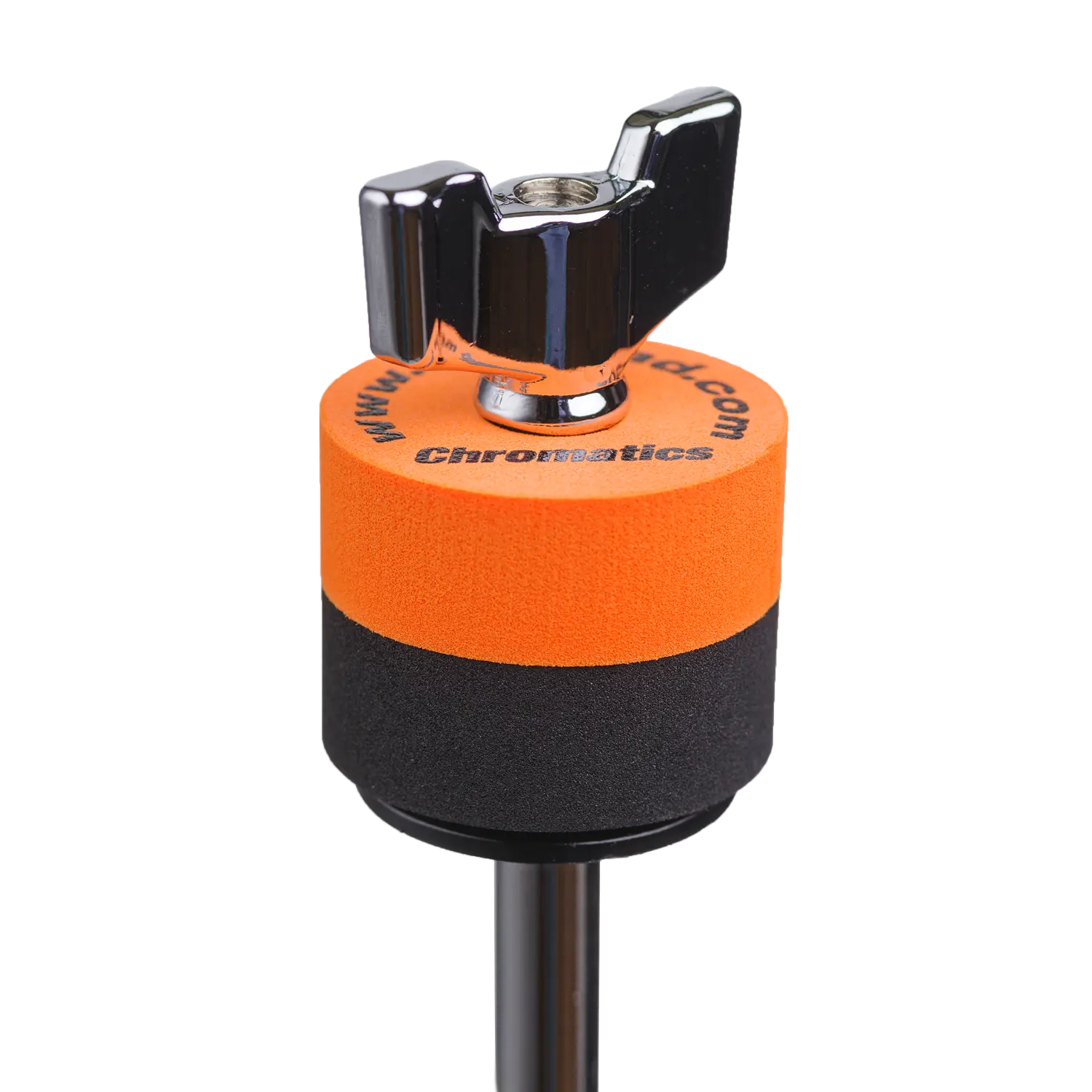 Orange Cympad Chromatics cymbal washer installed on a cymbal stand with a wing nut, showing foam washer placement for improved cymbal control, sound, and protection.