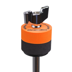 Orange Cympad Chromatics cymbal washer installed on a cymbal stand with a wing nut, showing foam washer placement for improved cymbal control, sound, and protection.