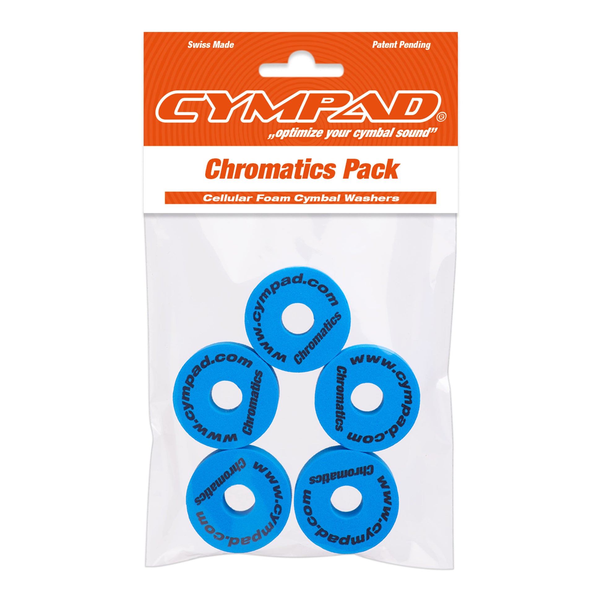 Front view of Cympad Chromatics in packaging, showcasing vibrant colors and sizes along with the official Cympad logo. Designed for optimal cymbal sound control, perfect for drummers of all levels.