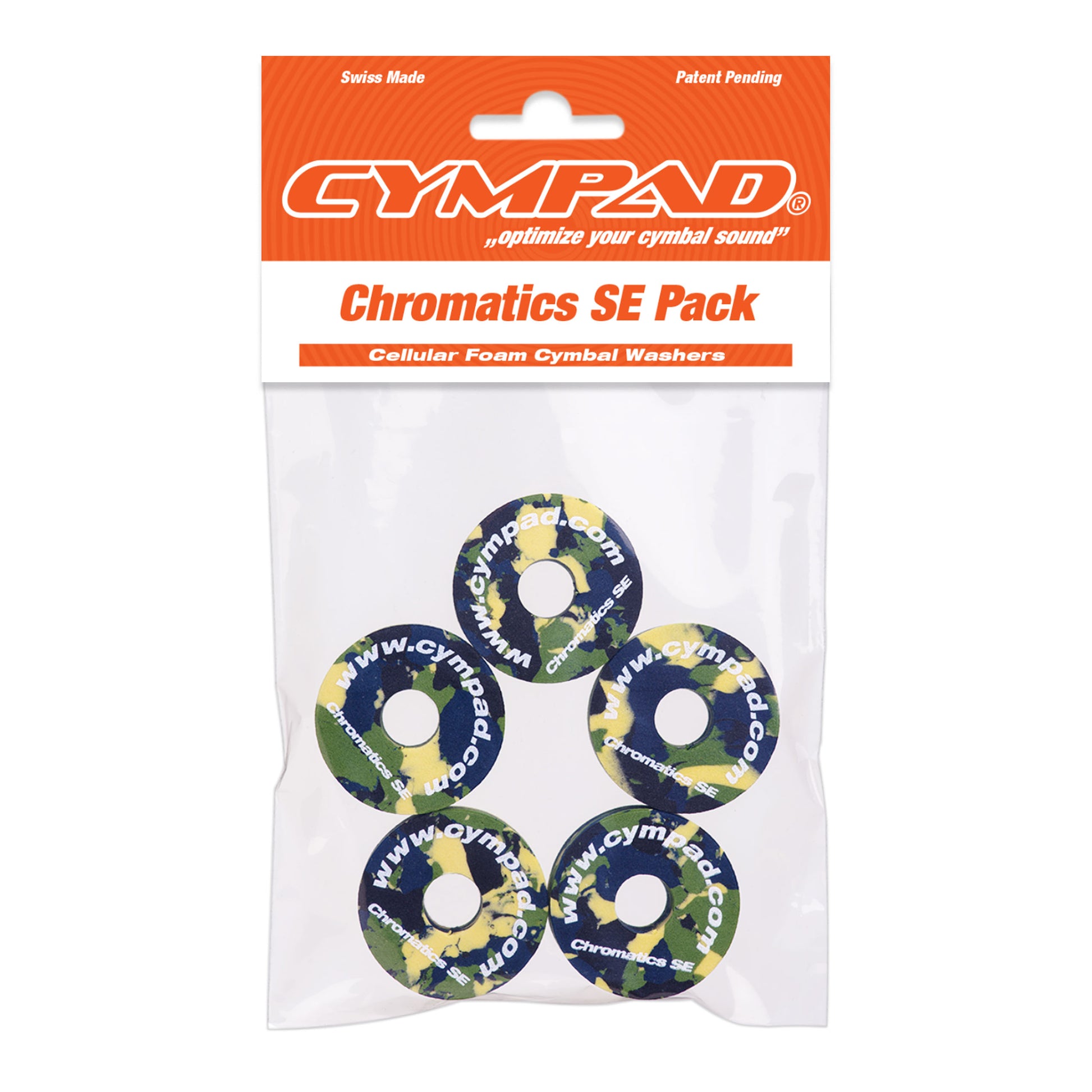 Front view of Cympad Chromatics in packaging, showcasing vibrant colors and sizes along with the official Cympad logo. Designed for optimal cymbal sound control, perfect for drummers of all levels.