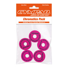 Front view of Cympad Chromatics in packaging, showcasing vibrant colors and sizes along with the official Cympad logo. Designed for optimal cymbal sound control, perfect for drummers of all levels.
