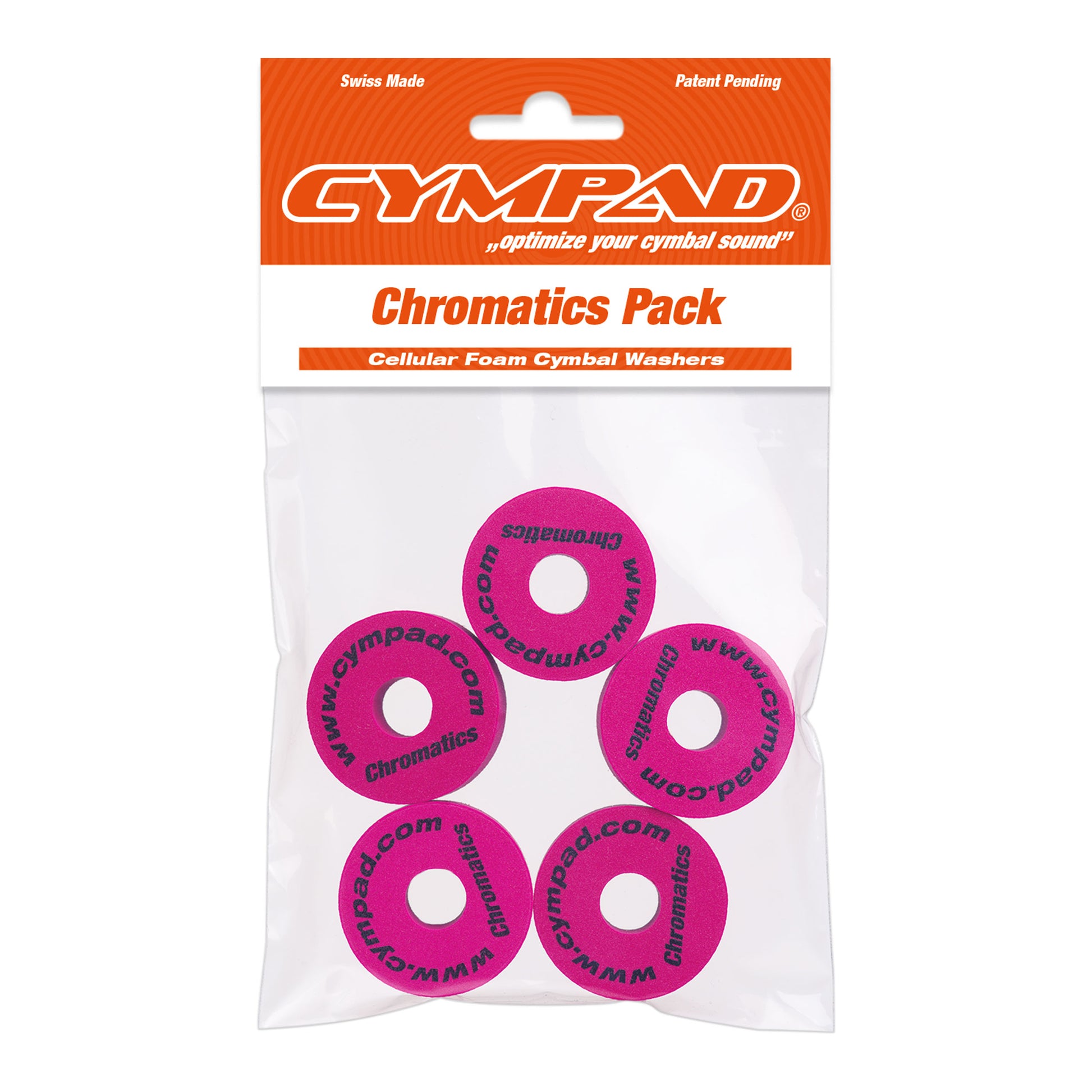 Front view of Cympad Chromatics in packaging, showcasing vibrant colors and sizes along with the official Cympad logo. Designed for optimal cymbal sound control, perfect for drummers of all levels.