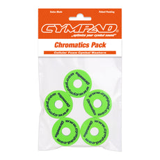 Front view of Cympad Chromatics in packaging, showcasing vibrant colors and sizes along with the official Cympad logo. Designed for optimal cymbal sound control, perfect for drummers of all levels.