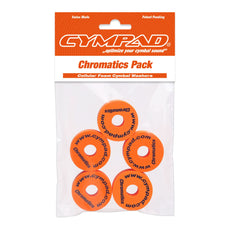Front view of Cympad Chromatics in packaging, showcasing vibrant colors and sizes along with the official Cympad logo. Designed for optimal cymbal sound control, perfect for drummers of all levels.
