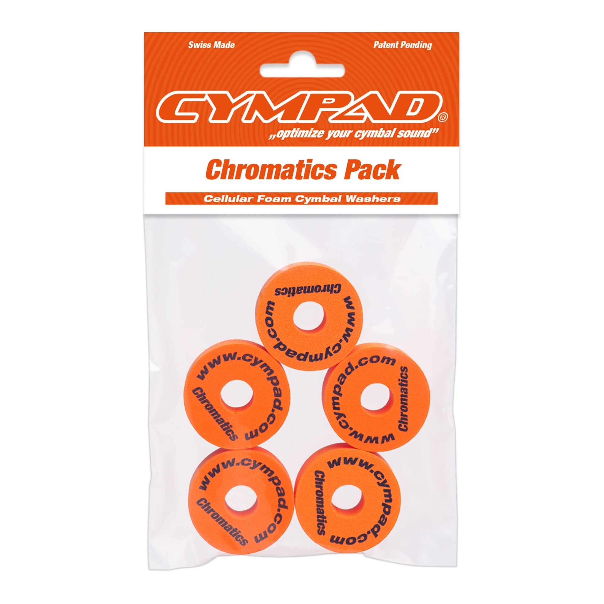 Front view of Cympad Chromatics in packaging, showcasing vibrant colors and sizes along with the official Cympad logo. Designed for optimal cymbal sound control, perfect for drummers of all levels.