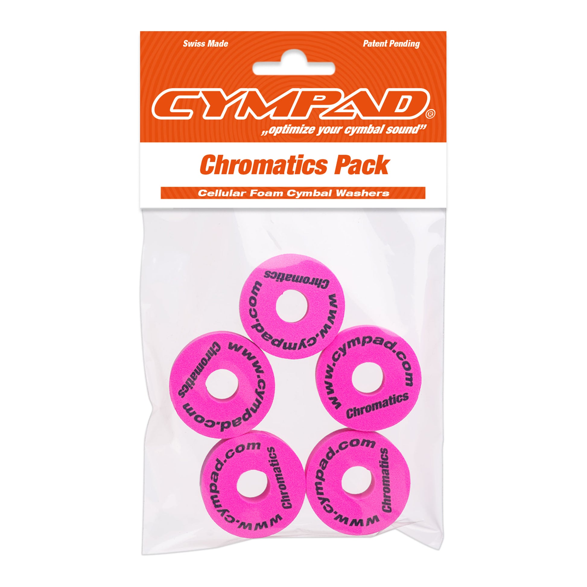 Front view of Cympad Chromatics in packaging, showcasing vibrant colors and sizes along with the official Cympad logo. Designed for optimal cymbal sound control, perfect for drummers of all levels.