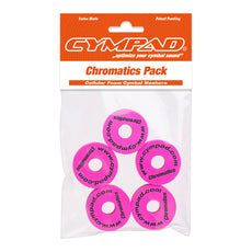 Front view of Cympad Chromatics in packaging, showcasing vibrant colors and sizes along with the official Cympad logo. Designed for optimal cymbal sound control, perfect for drummers of all levels.