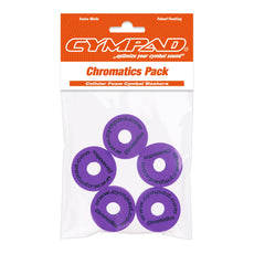 Front view of Cympad Chromatics in packaging, showcasing vibrant colors and sizes along with the official Cympad logo. Designed for optimal cymbal sound control, perfect for drummers of all levels.