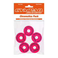 Front view of Cympad Chromatics in packaging, showcasing vibrant colors and sizes along with the official Cympad logo. Designed for optimal cymbal sound control, perfect for drummers of all levels.