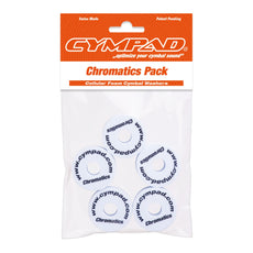 Front view of Cympad Chromatics packaging with vibrant colors, size options, and Cympad logo for cymbal sound control.