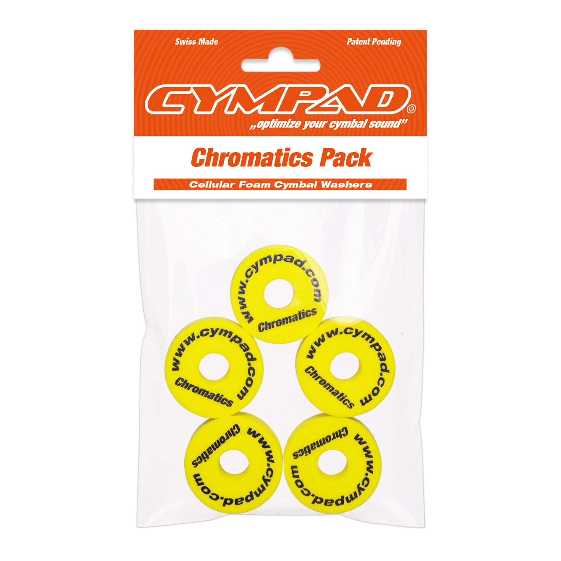 Front view of Cympad Chromatics in packaging, showcasing vibrant colors and sizes along with the official Cympad logo. Designed for optimal cymbal sound control, perfect for drummers of all levels.