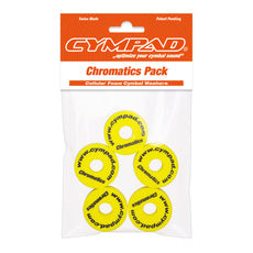 Front view of Cympad Chromatics in packaging, showcasing vibrant colors and sizes along with the official Cympad logo. Designed for optimal cymbal sound control, perfect for drummers of all levels.