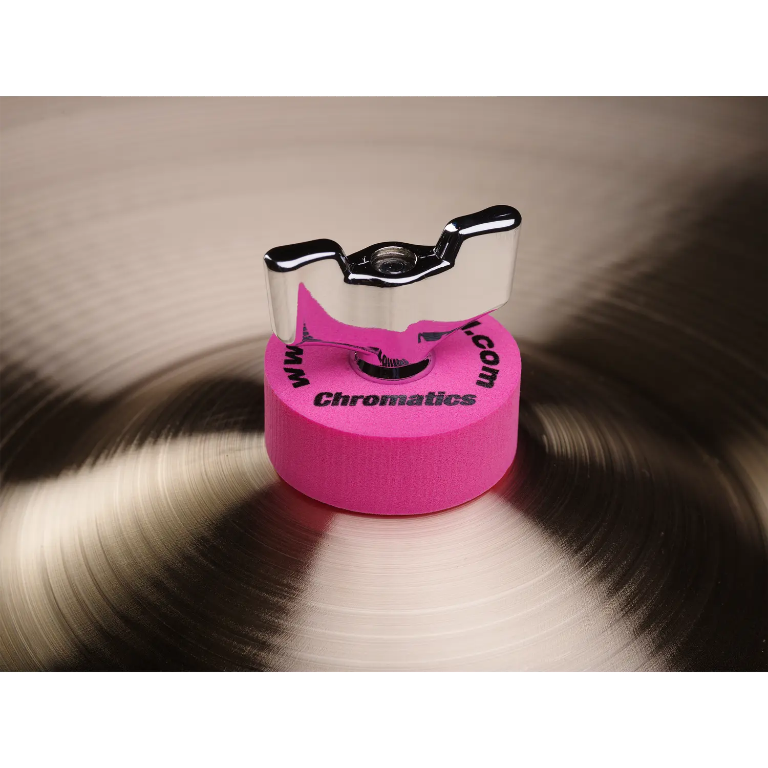 Cympad Chromatics Pink cymbal washer installed on a cymbal stand, providing colorful isolation and enhanced cymbal performance