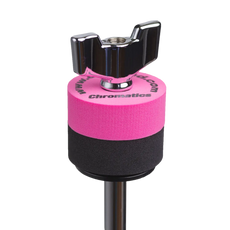 Pink Cympad Chromatics cymbal washer installed on a cymbal stand with a wing nut, showing foam washer placement for improved cymbal control, sound, and protection.