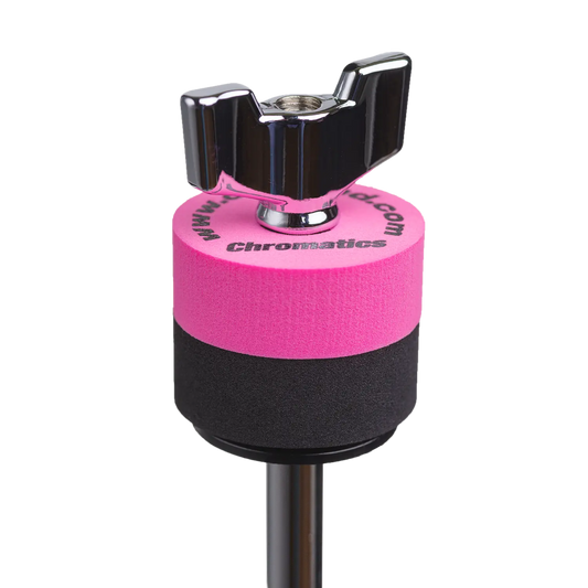 Pink Cympad Chromatics cymbal washer installed on a cymbal stand with a wing nut, showing foam washer placement for improved cymbal control, sound, and protection.