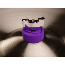 Cympad Chromatics Purple cymbal washer installed on a cymbal stand, providing colorful isolation and enhanced cymbal performance