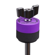 Purple Cympad Chromatics cymbal washer installed on a cymbal stand with a wing nut, showing foam washer placement for improved cymbal control, sound, and protection.