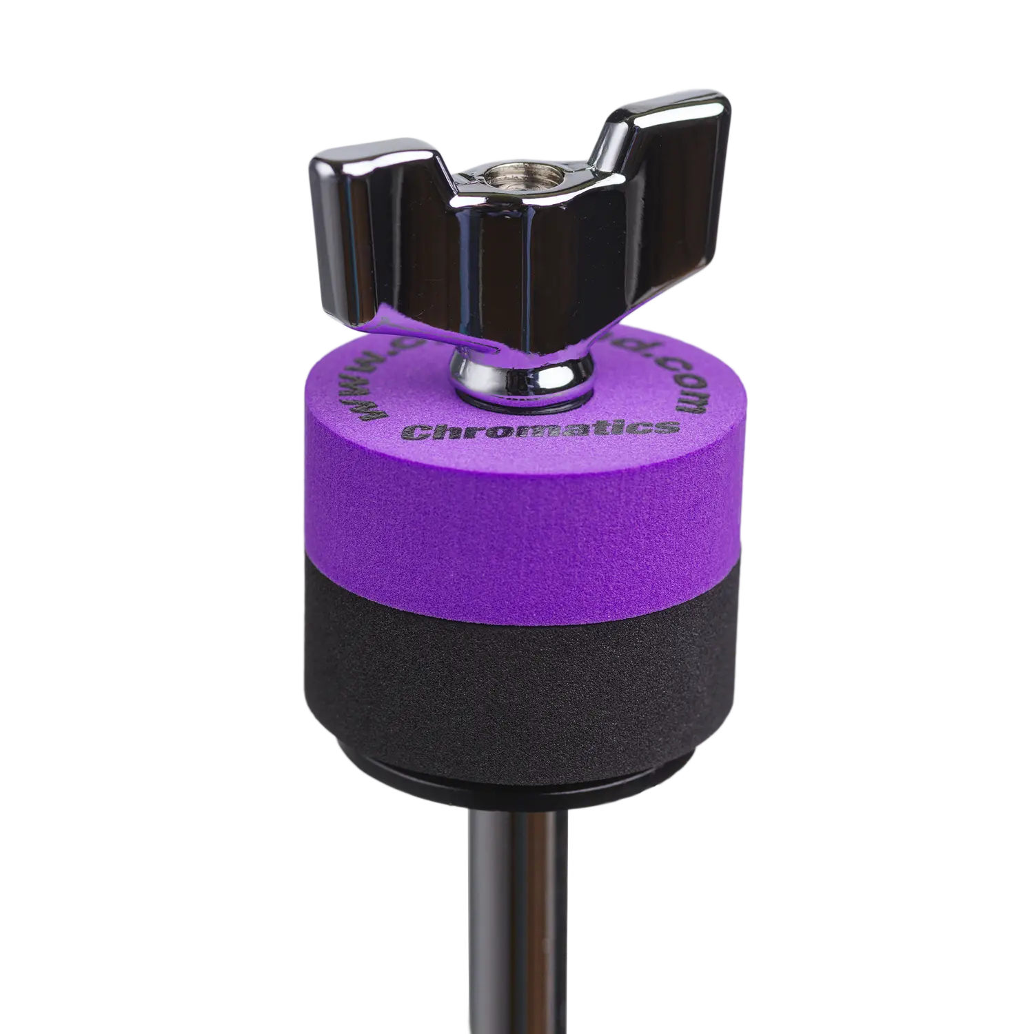 Purple Cympad Chromatics cymbal washer installed on a cymbal stand with a wing nut, showing foam washer placement for improved cymbal control, sound, and protection.