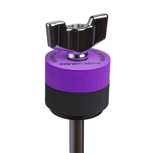 Purple Cympad Chromatics cymbal washer installed on a cymbal stand with a wing nut, showing foam washer placement for improved cymbal control, sound, and protection.