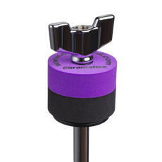 Purple Cympad Chromatics cymbal washer installed on a cymbal stand with a wing nut, showing foam washer placement for improved cymbal control, sound, and protection.