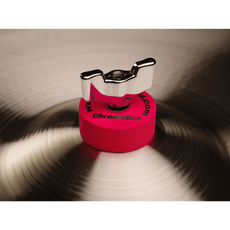 Cympad Chromatics Red cymbal washer installed on a cymbal stand, providing colorful isolation and enhanced cymbal performance