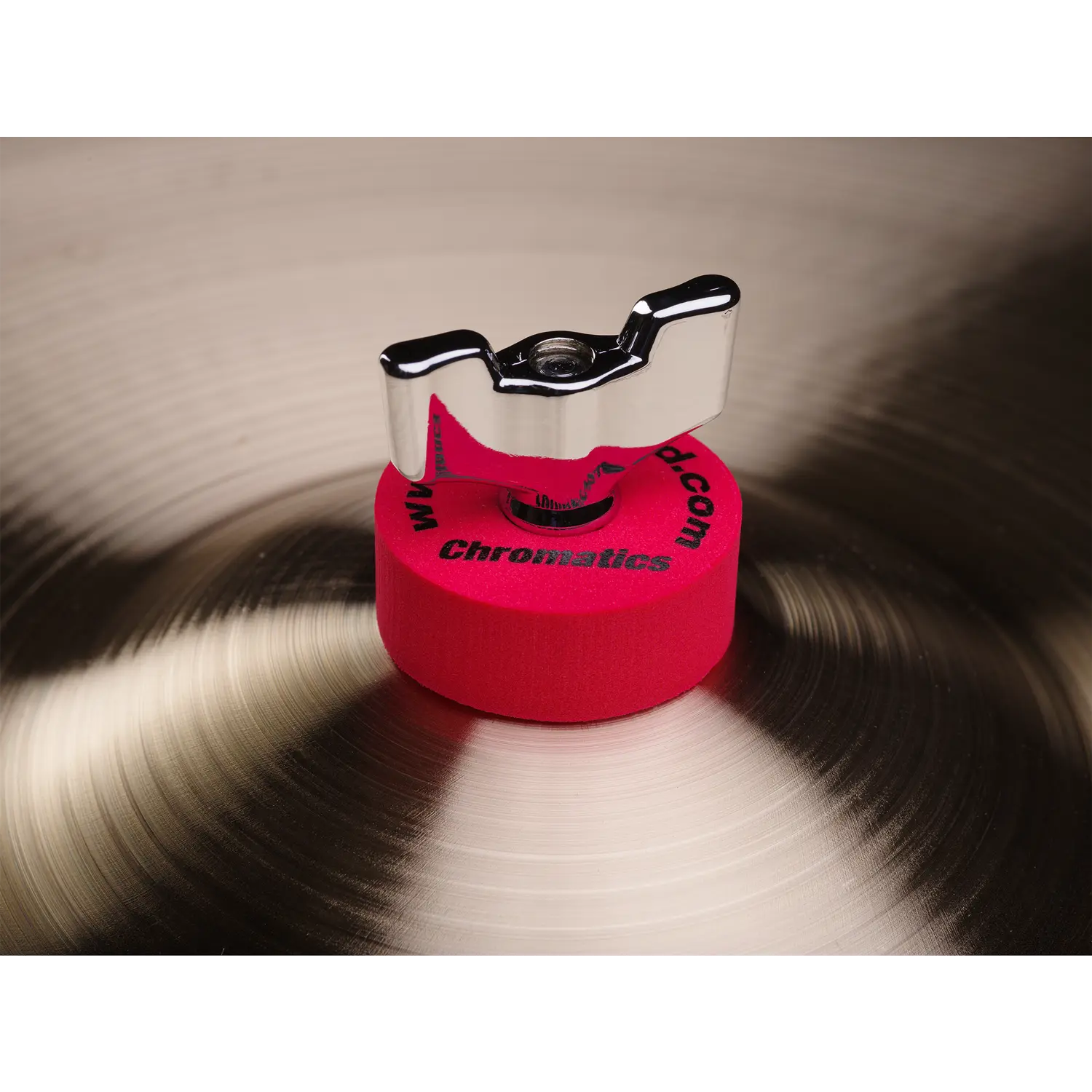Cympad Chromatics Red cymbal washer installed on a cymbal stand, providing colorful isolation and enhanced cymbal performance