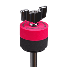 Red Cympad Chromatics cymbal washer installed on a cymbal stand with a wing nut, showing foam washer placement for improved cymbal control, sound, and protection.