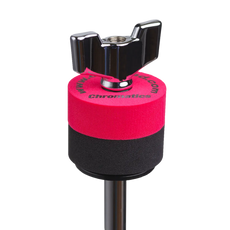 Red Cympad Chromatics cymbal washer installed on a cymbal stand with a wing nut, showing foam washer placement for improved cymbal control, sound, and protection.