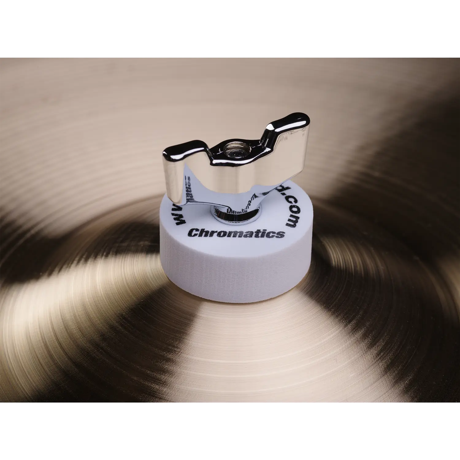Cympad Chromatics White cymbal washer installed on a cymbal stand, providing colorful isolation and enhanced cymbal performance