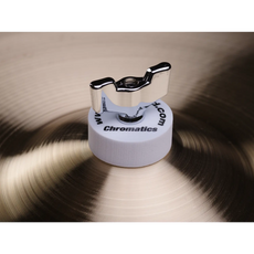 Cympad Chromatics White cymbal washer installed on a cymbal stand, providing colorful isolation and enhanced cymbal performance