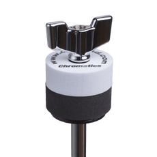 White Cympad Chromatics cymbal washer on a cymbal stand with a wing nut, showing foam washer for improved cymbal control