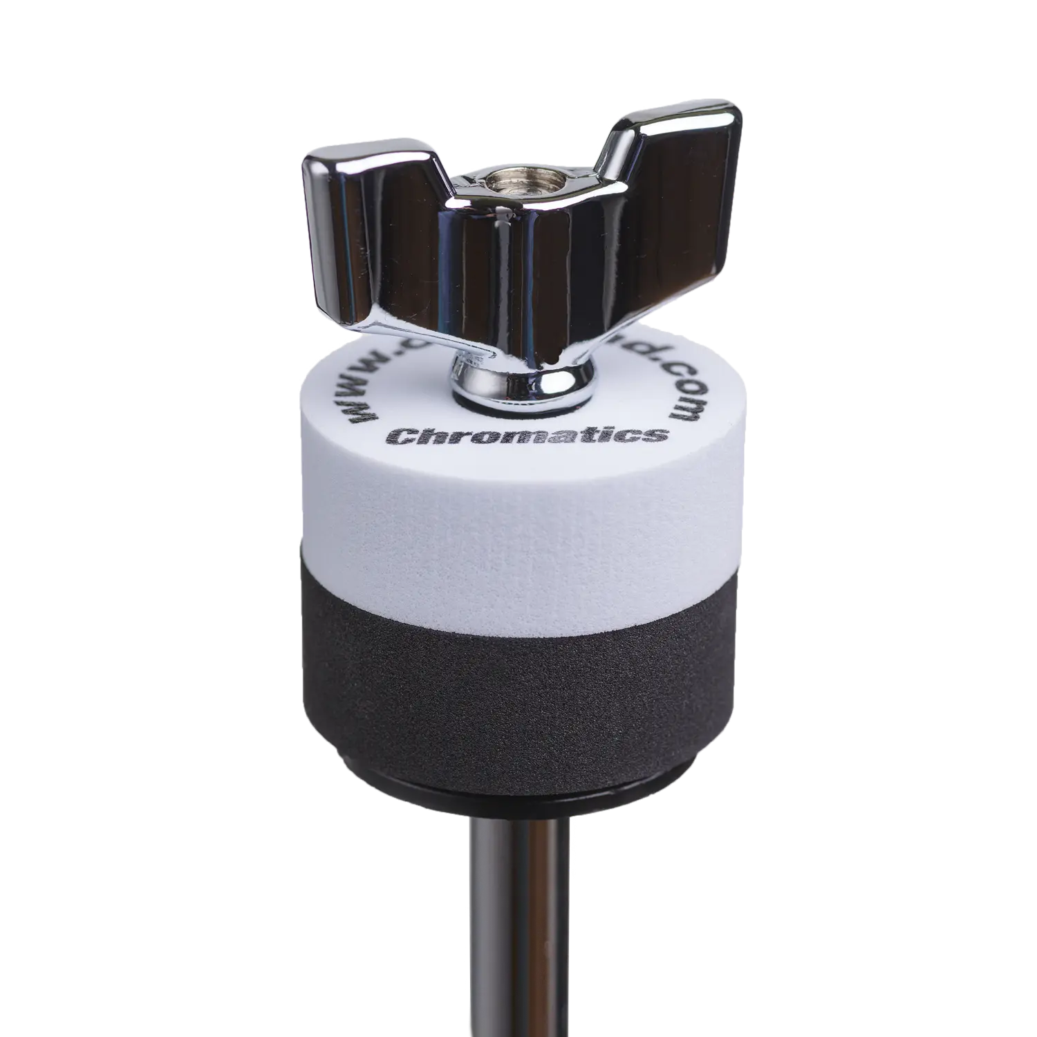 White Cympad Chromatics cymbal washer installed on a cymbal stand with a wing nut, showing foam washer placement for improved cymbal control, sound, and protection.