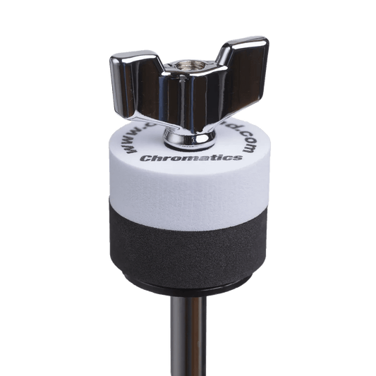 White Cympad Chromatics cymbal washer on a cymbal stand with a wing nut, showing foam washer for improved cymbal control