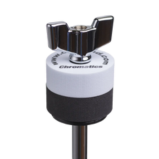 White Cympad Chromatics cymbal washer installed on a cymbal stand with a wing nut, showing foam washer placement for improved cymbal control, sound, and protection.
