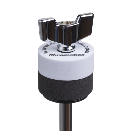 White Cympad Chromatics cymbal washer installed on a cymbal stand with a wing nut, showing foam washer placement for improved cymbal control, sound, and protection.