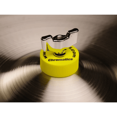Cympad Chromatics Yellow cymbal washer installed on a cymbal stand, providing colorful isolation and enhanced cymbal performance