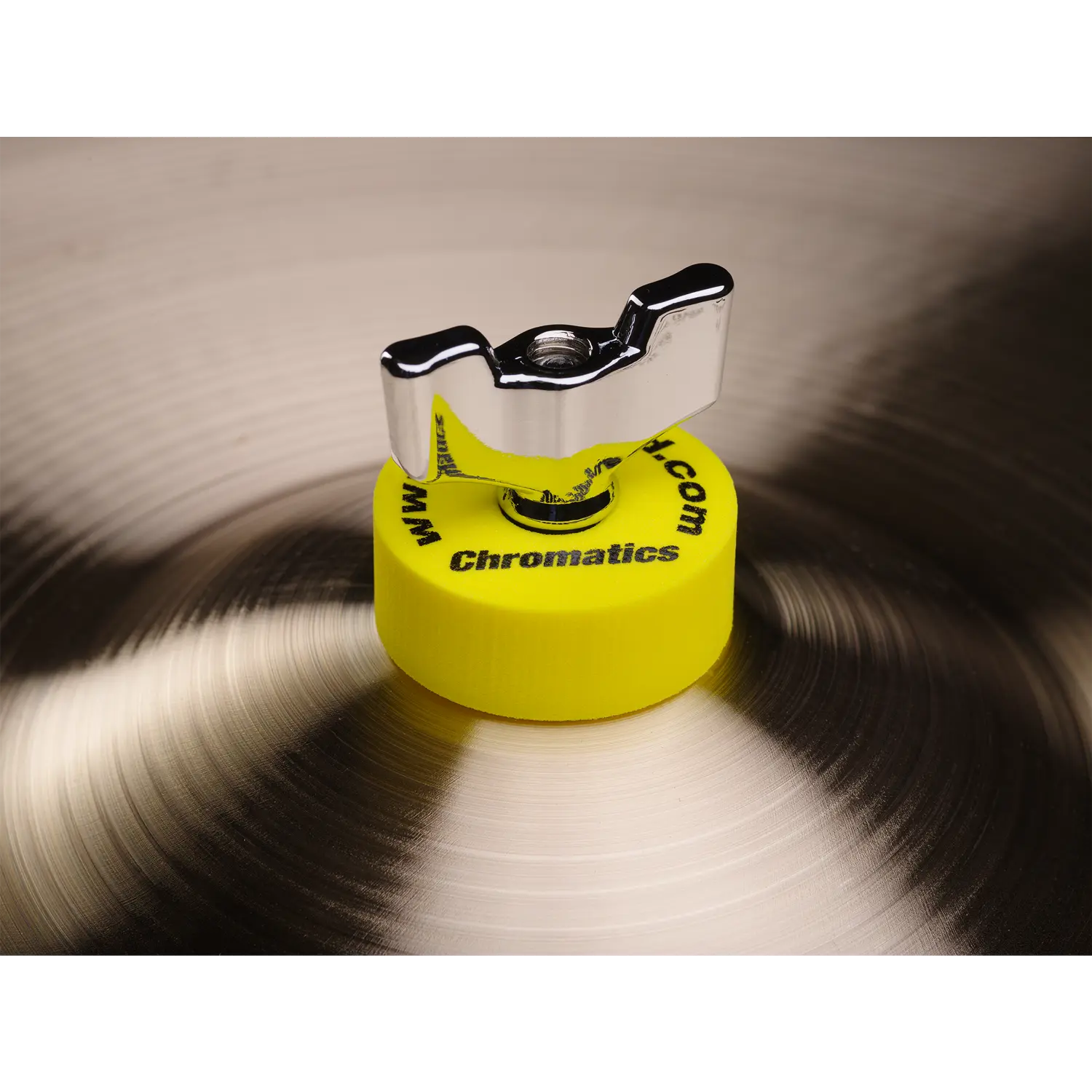 Cympad Chromatics Yellow cymbal washer installed on a cymbal stand, providing colorful isolation and enhanced cymbal performance