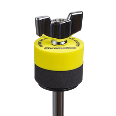 Yellow Cympad Chromatics cymbal washer installed on a cymbal stand with a wing nut, showing foam washer placement for improved cymbal control, sound, and protection.