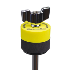 Yellow Cympad Chromatics cymbal washer installed on a cymbal stand with a wing nut, showing foam washer placement for improved cymbal control, sound, and protection.