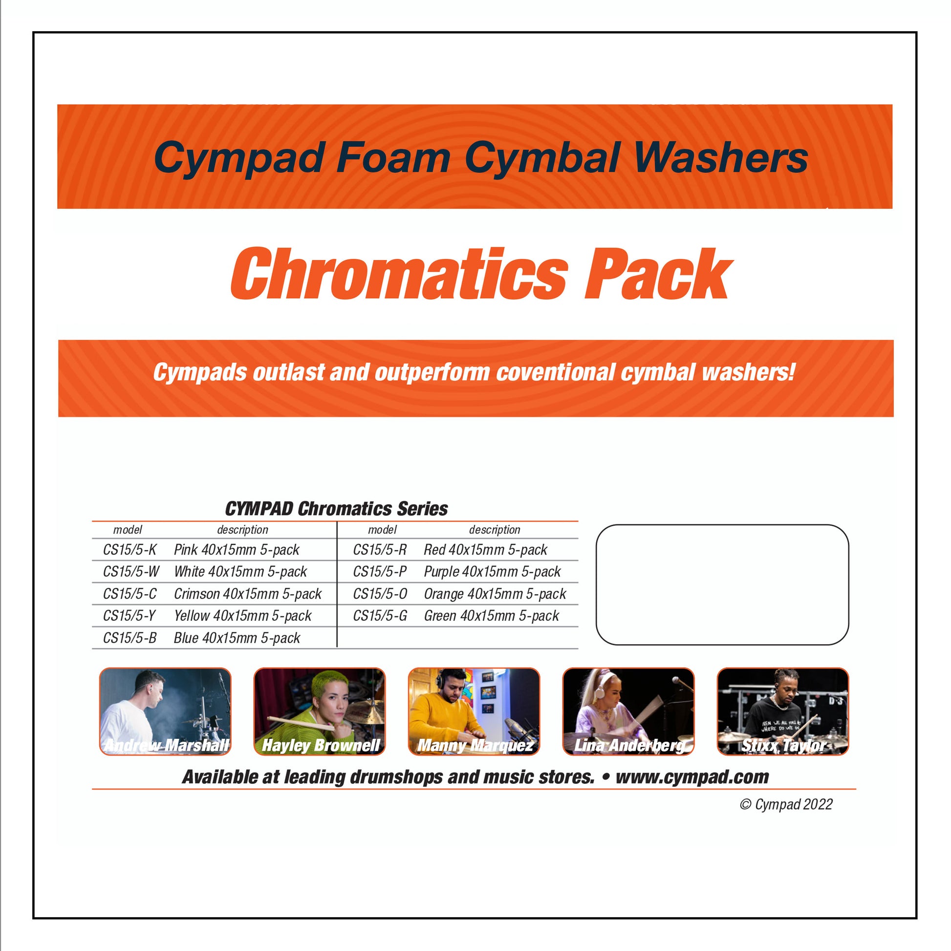 Official Cympad Chromatics Packaging – Featuring all available colors and sizes for ultimate cymbal control. Trusted by top drummers like Lina Anderberg, Hayley Brownell, Stixx Taylor, and Andrew Marshall. Enhance your sound with the perfect washer for practice and performance.
