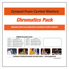 Official Cympad Chromatics Packaging – Featuring all available colors and sizes for ultimate cymbal control. Trusted by top drummers like Lina Anderberg, Hayley Brownell, Stixx Taylor, and Andrew Marshall. Enhance your sound with the perfect washer for practice and performance.