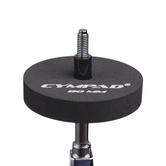 Cympad Moderator 80mm mounted on a cymbal stand – Extra-large black foam washer for optimal sound dampening and overtone control. Ideal for drummers seeking volume reduction without compromising feel or responsiveness.