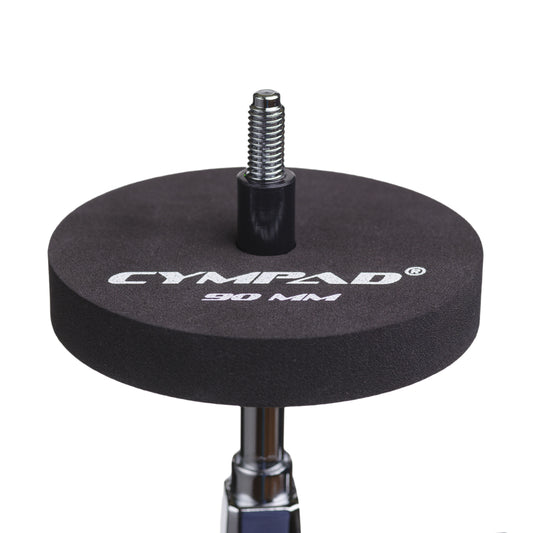 Cympad Moderator 90mm mounted on a cymbal stand – Extra-large black foam washer for optimal sound dampening and overtone control. Ideal for drummers seeking volume reduction without compromising feel or responsiveness.