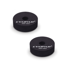 Two black Cympad Moderator cymbal washers, each 50mm in diameter, with a central hole and white printed branding that reads 'CYMPAD 50 MM.' The pads are round, made of cellular foam, and designed to reduce cymbal sustain and volume.