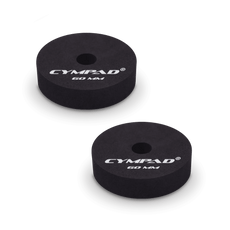 Two black Cympad Moderator cymbal washers, each 60mm in diameter, with a central hole and white printed branding that reads 'CYMPAD 60 MM.' The pads are round, made of cellular foam, and designed to reduce cymbal sustain and volume.